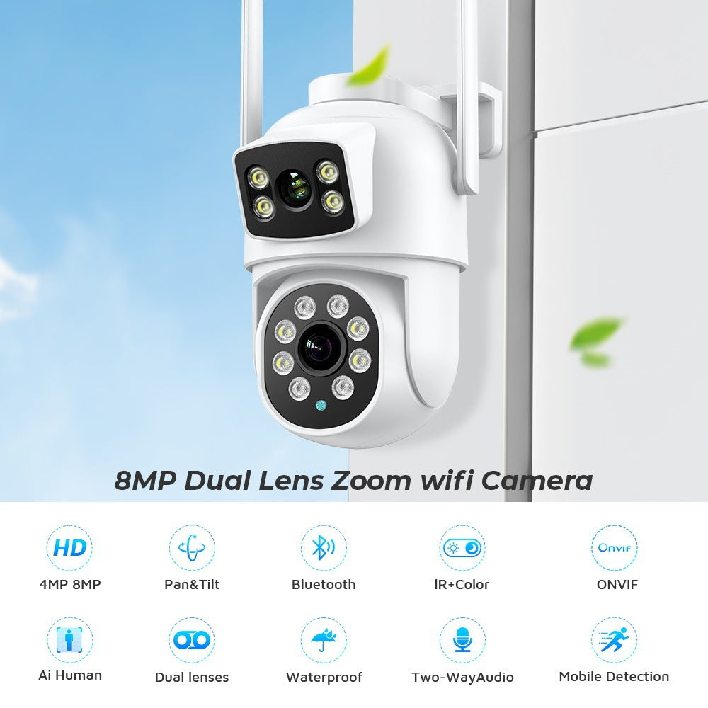 Outdoor Night Vision WiFi Surveillance Camera – Dual-Lens, Auto-Tracking, Smart Alerts (Alexa & Google Compatible)