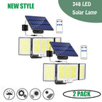 1–2 Pack Solar Lights Outdoor – 348 LED Motion Sensor Security Lights with Remote Control & 3 Adjustable Heads (IP65 Waterproof)