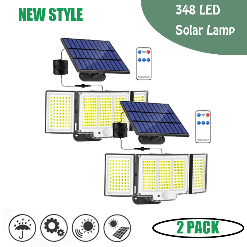 1–2 Pack Solar Lights Outdoor – 348 LED Motion Sensor Security Lights with Remote Control & 3 Adjustable Heads (IP65 Waterproof)